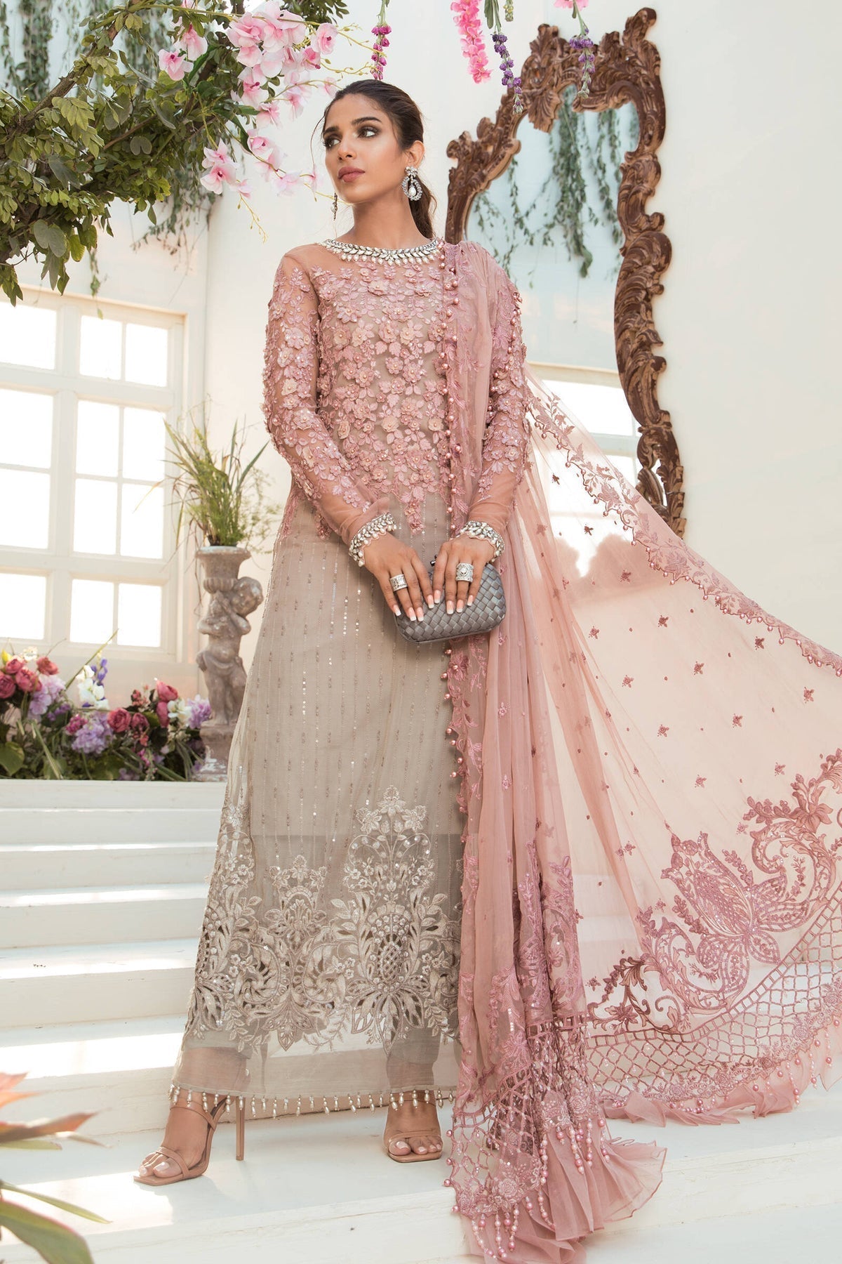 Unstitched MBROIDERED - Coffee and Ash Pink / Chiffon Dress M.B-03