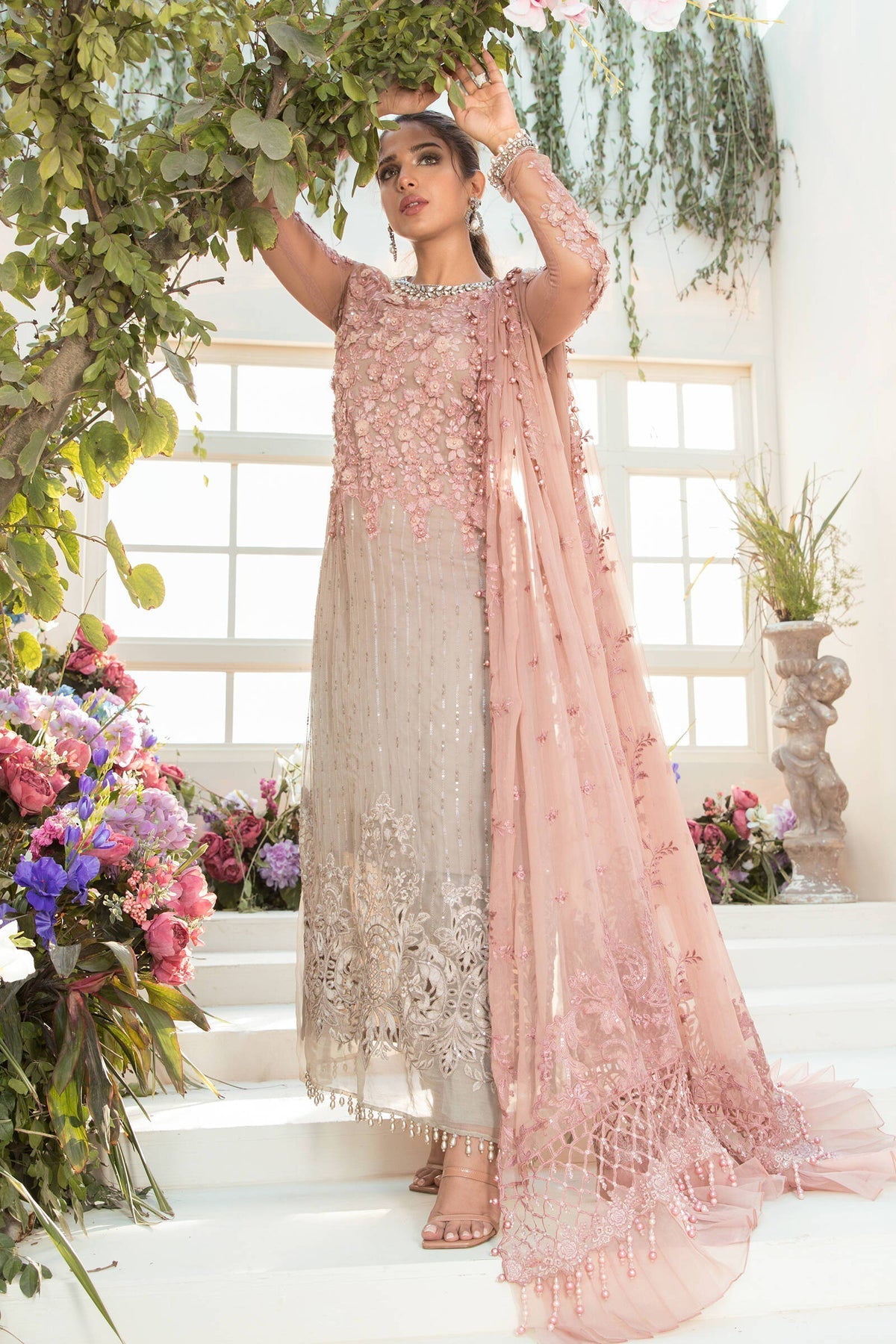 Unstitched MBROIDERED - Coffee and Ash Pink / Chiffon Dress M.B-03