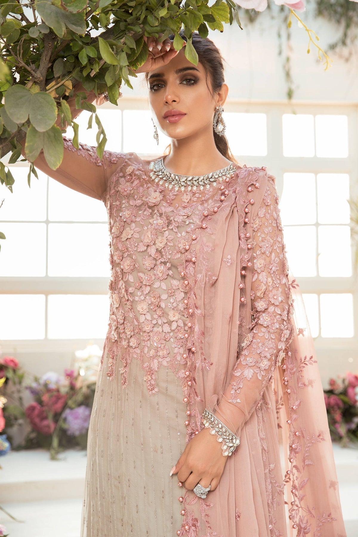 Unstitched MBROIDERED - Coffee and Ash Pink / Chiffon Dress M.B-03