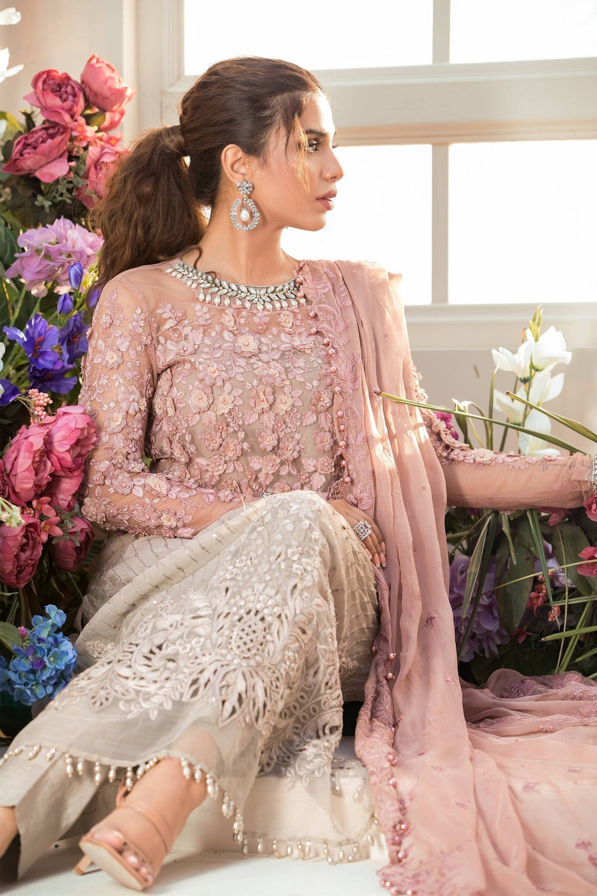 Unstitched MBROIDERED - Coffee and Ash Pink / Chiffon Dress M.B-03