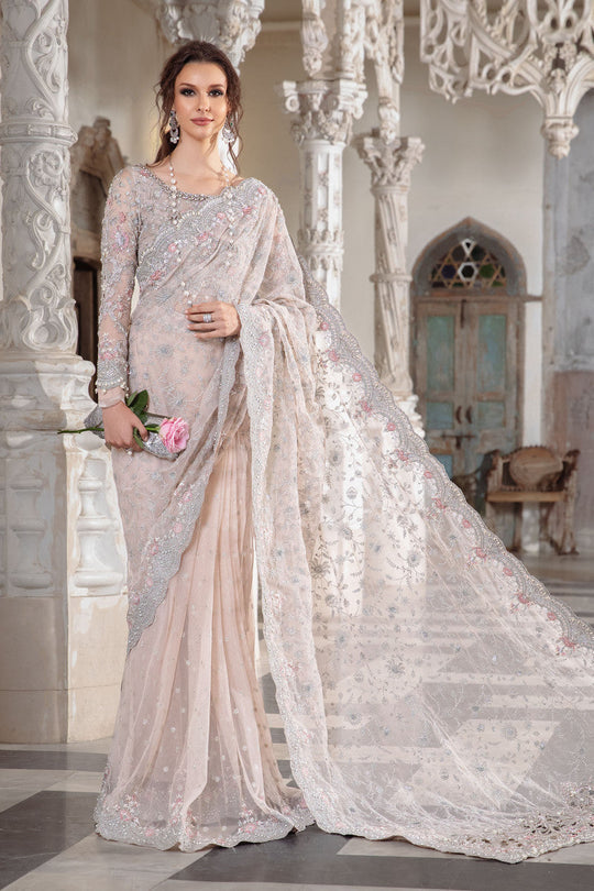Embellished Pale Pink Net Saree Collection -Unstitched (MB-SC04)